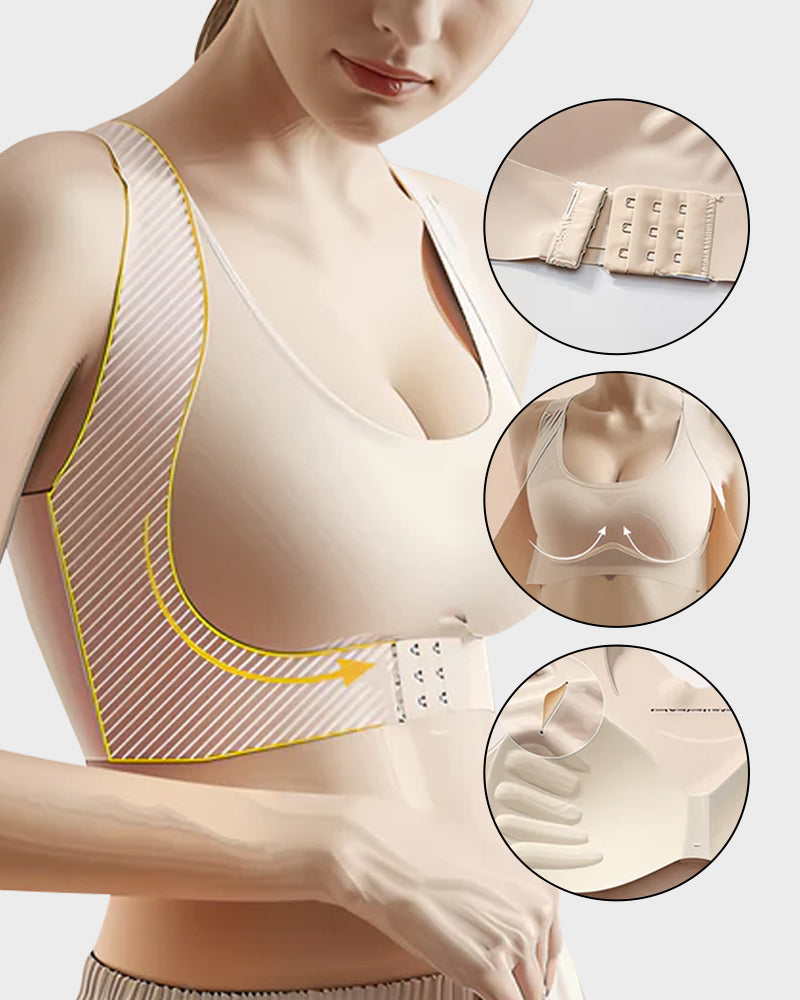 Soutien-gorge sans armatures à fermeture frontale, dos croisé et maintien postural.