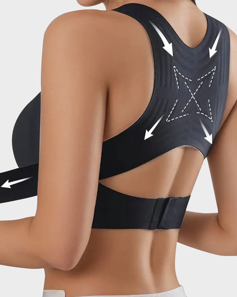 Soutien-gorge sans armatures à fermeture frontale, dos croisé et maintien postural.