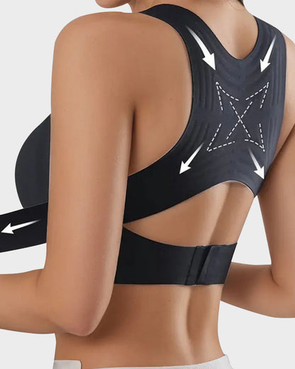 Soutien-gorge sans armatures à fermeture frontale, dos croisé et maintien postural.