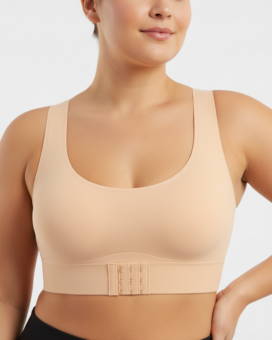Soutien-gorge sans armatures à fermeture frontale, dos croisé et maintien postural.